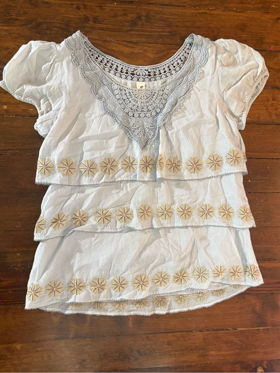 Anthropologie Tops - Anthropologie Floreat pale gray gold embroidered layer top blouse size 2